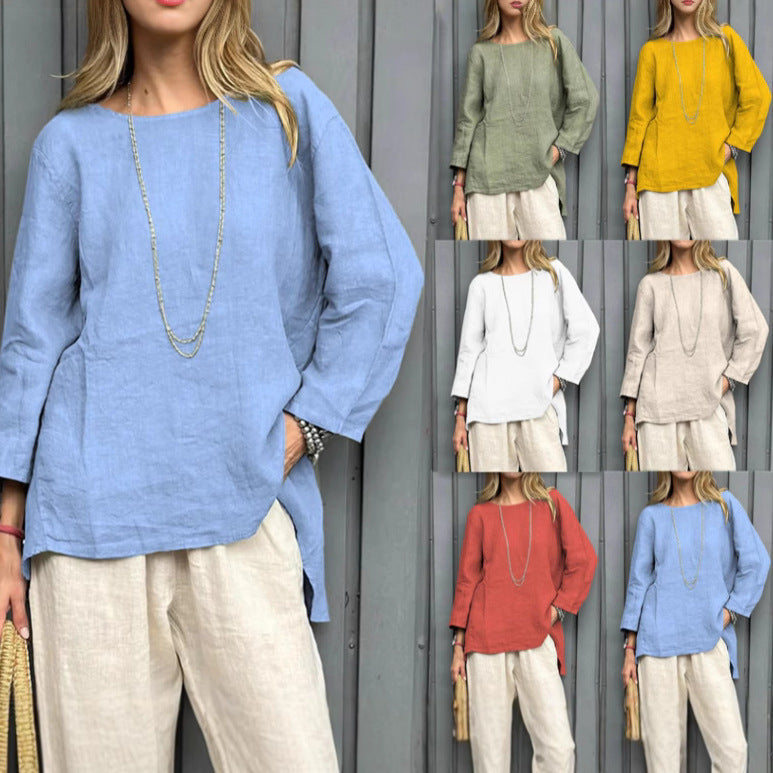 Vintage Cotton-Linen Crew-Neck Long-Sleeve Fashion Blouse For Women LadyShow.Store