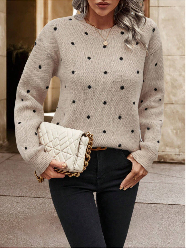 Ins Polka Dot Print Pullover Sweater Fashion Casual Long-sleeved Jacquard Knitted Top Winter Round Neck Clothing For Women LadyShow.Store