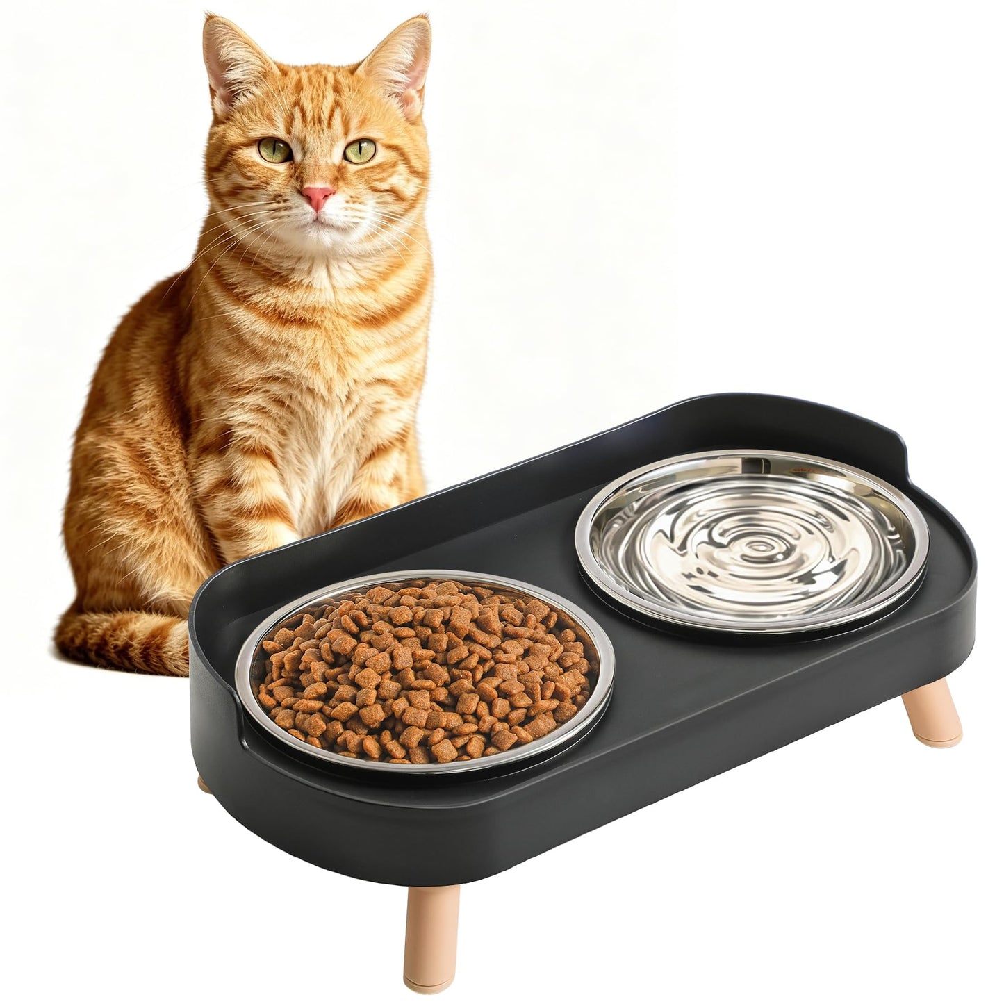 Elevated Cat Bowls Set - Raised Cat Food And Water Bowl Set With Non Slip Stand - Pet Feeding Station With 2 Stainless Steel Bowls Pets Fashion