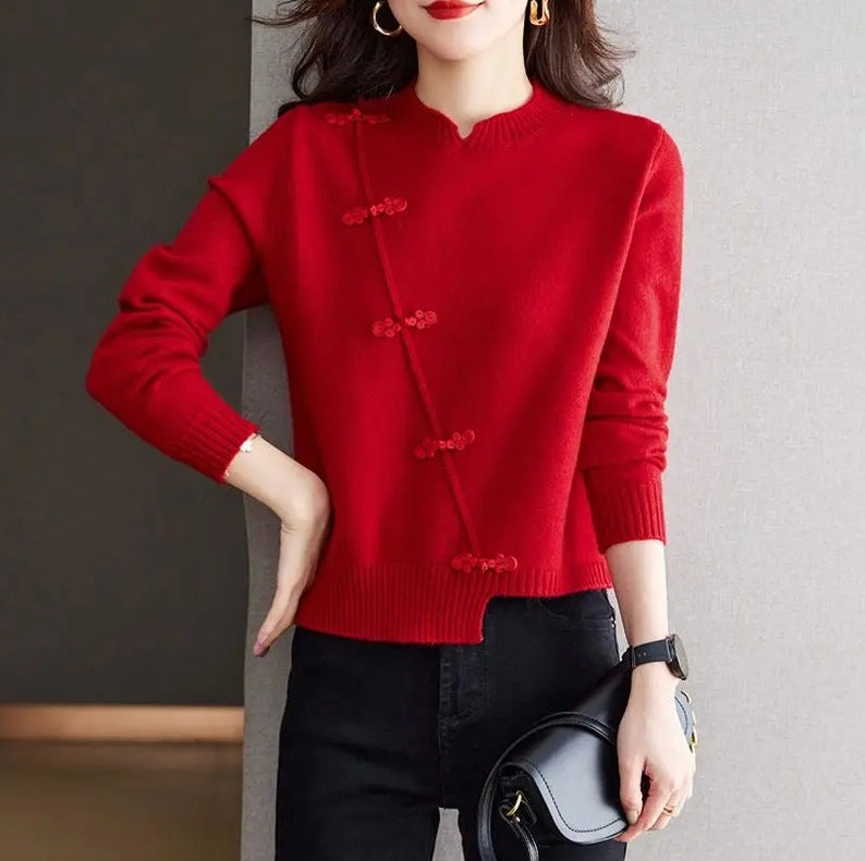 Red Thickened Knit Sweater New Irregular Temperament LadyShow.Store