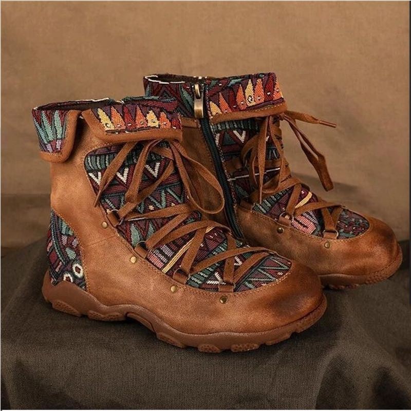 Ethnic Style Large Size Short Boots Women's Fashion Retro Side Zipper Round Head Autumn And Winter Fashion Nude Boots LadyShow.Store