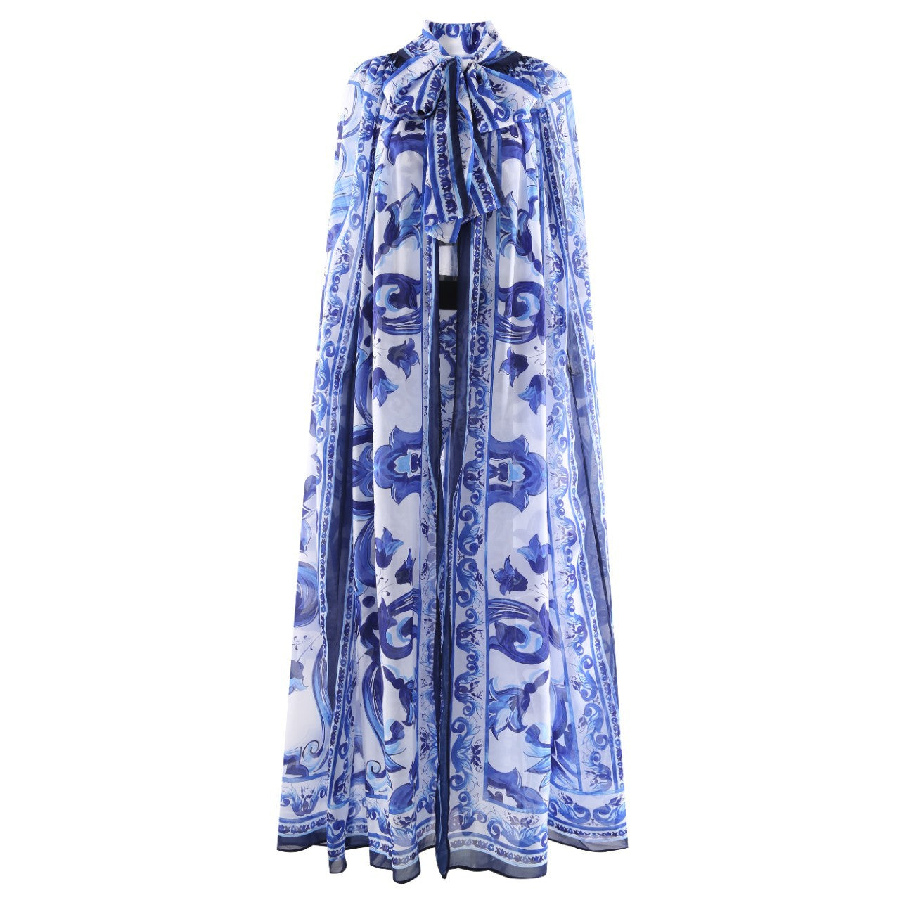 Fashion Queen Floral Porcelain Print Long Cloak Jacket Pi-Mart