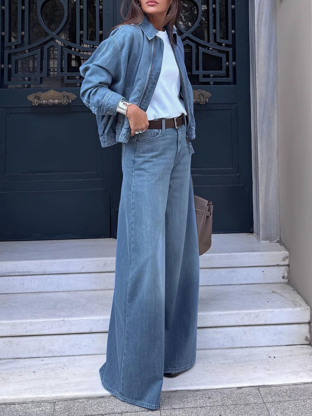 Light Blue Denim Cropped Jacket And Wide-leg Jeans Set NorixaFashion.com