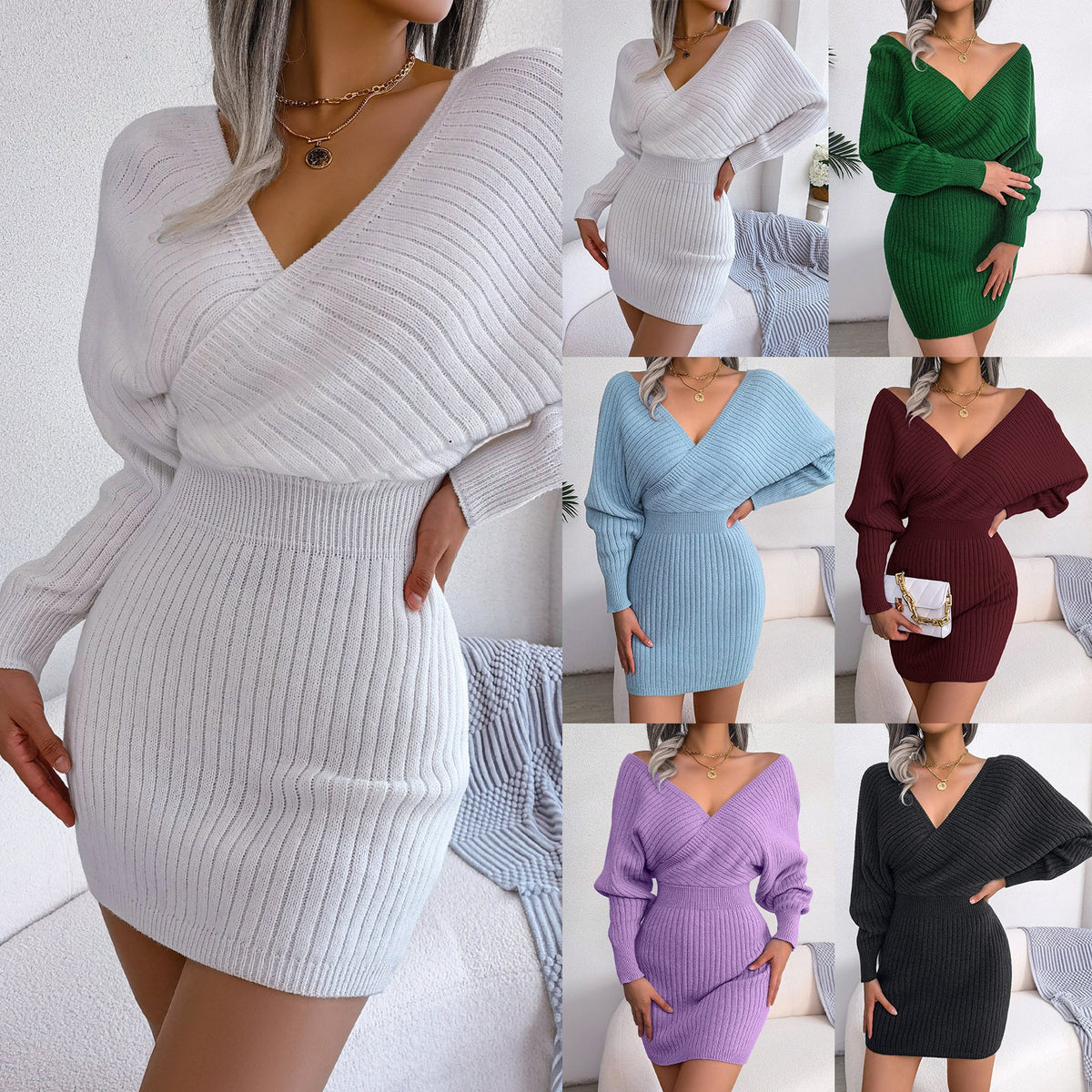 2026 Autumn Winter Sexy Cross V Neck Bat Skirt With Hip Wrapping, Hairy Dress NorixaFashion.com