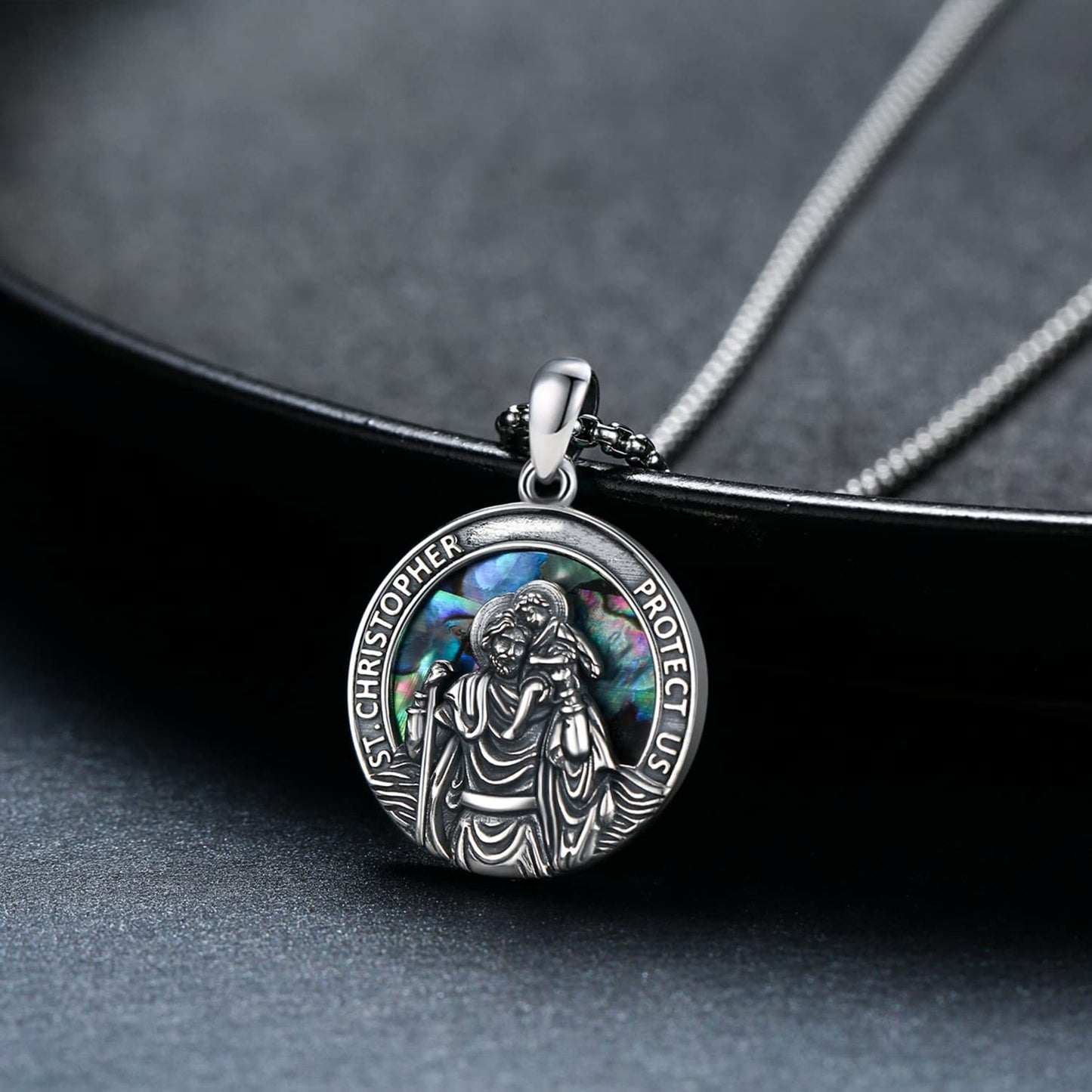 Sterling Silver Round Medal Saint Christopher Pendant Necklace as Catholic Christmas Gifts LadyShow.Store