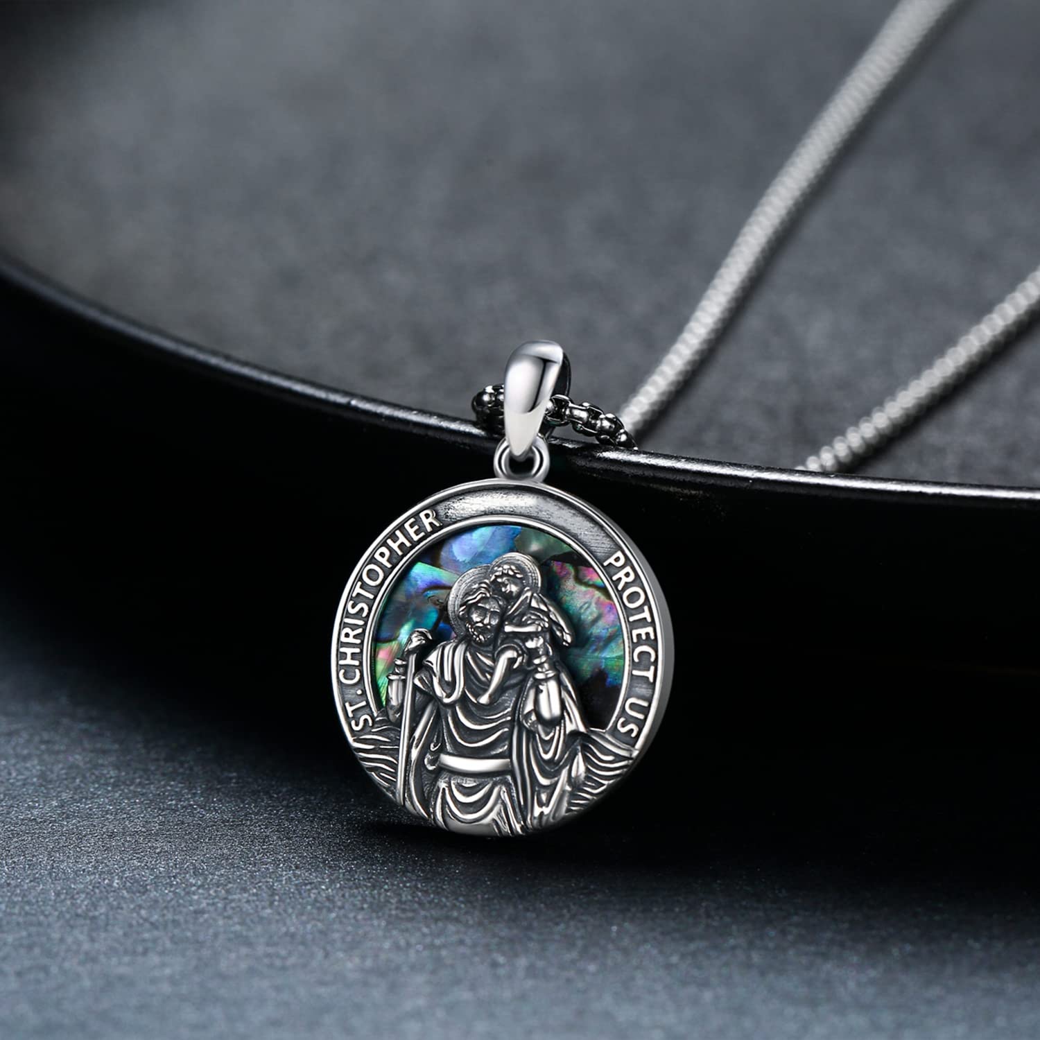 Sterling Silver Round Medal Saint Christopher Pendant Necklace as Catholic Christmas Gifts LadyShow.Store