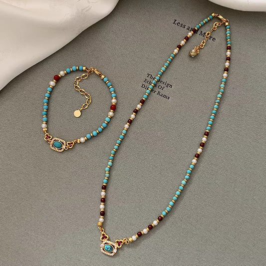 Natural Turquoise Pearl Necklace Chinese Style Traditional Clavicle Necklace LadyShow.Store