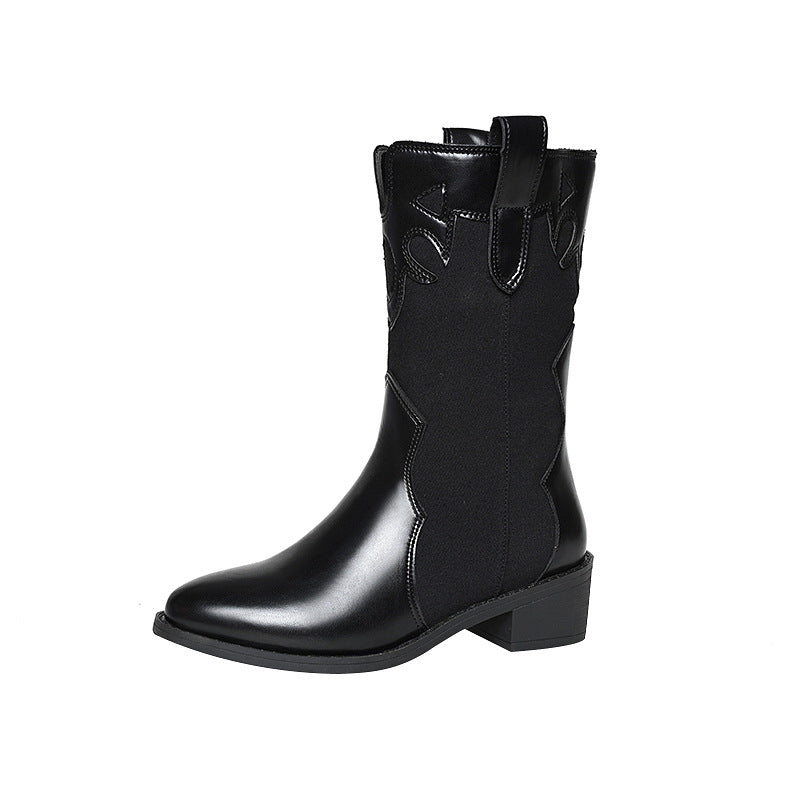 Black White Cowboy Boots Women Low Heel Mid Calf Shoes LadyShow.Store