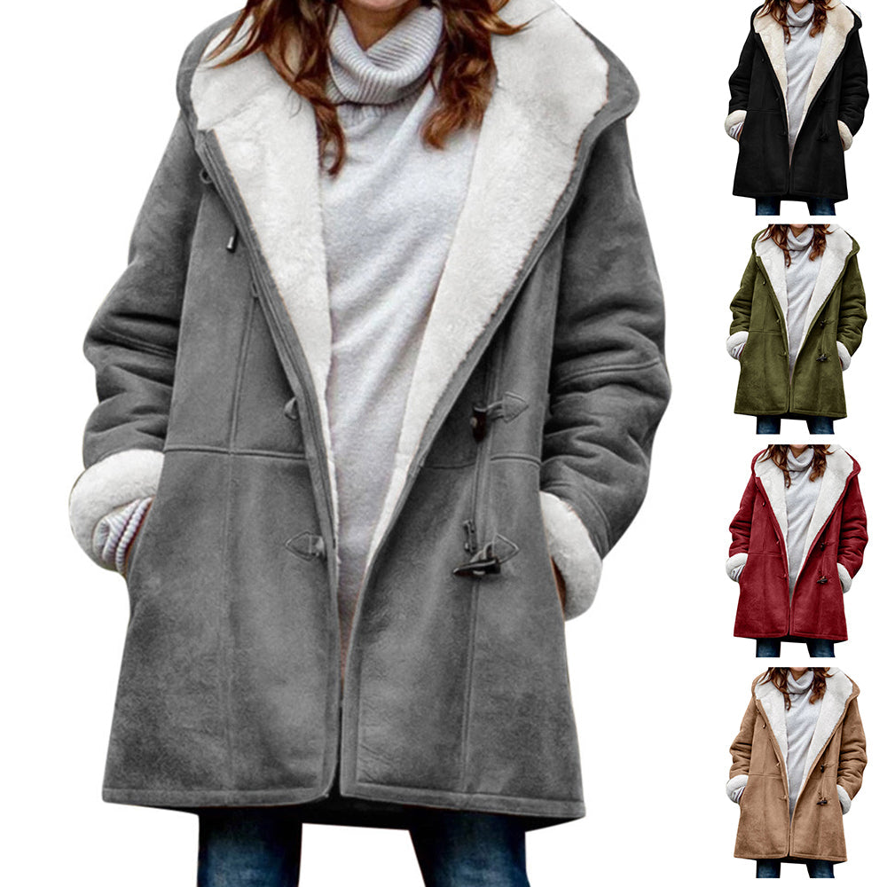 Winter Vintage Button Jackets Women's Warm Fleece Hooded Coat Casual Mid-Length Trench Top Outwear Clothing NorixaFashion.com
