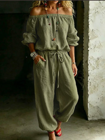 One-shoulder Top And Casual Drawstring Jogger Pants Jumpsuit Set NorixaFashion.com