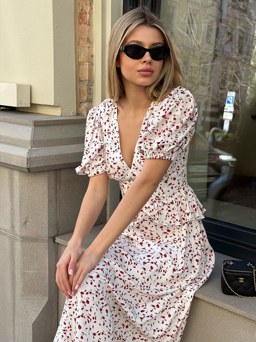 Printed Waist-cinching Puff Sleeve Dress NorixaFashion.com