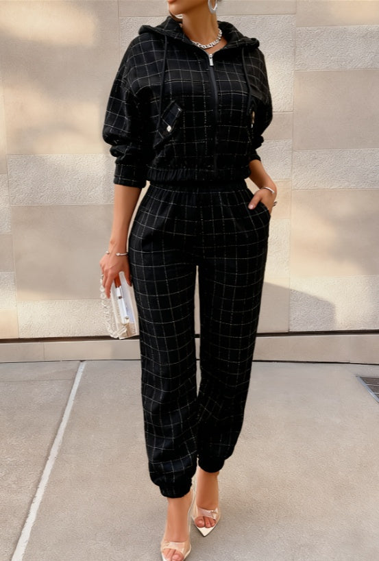 2026 Women's Chanel-style Plaid Hooded Set - High Street Tweed Zip-up Sweatshirt NorixaFashion.com