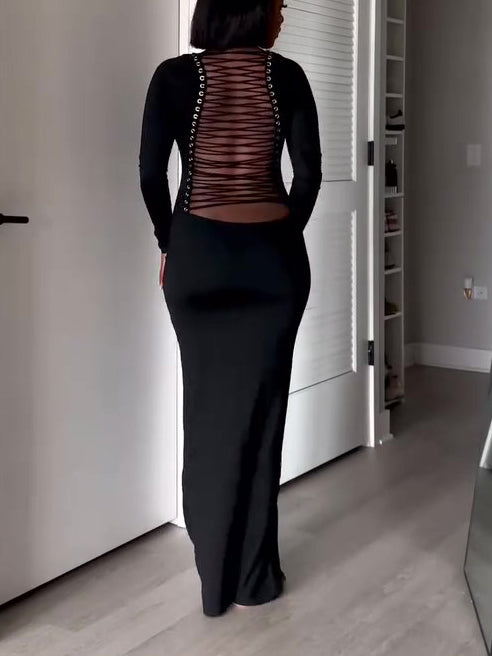 Sexy Long Sleeve Halter Maxi Dress NorixaFashion.com