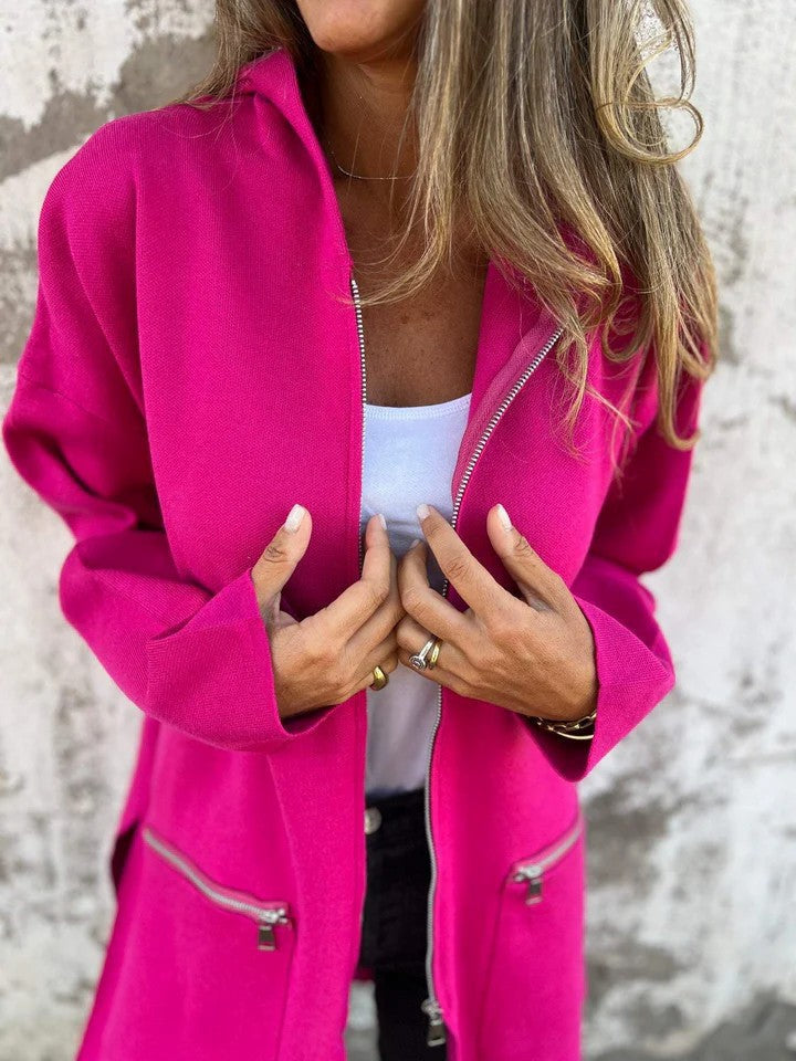 Zip-up Hooded Cardigan Coat Fashion Solid Color Pocket Jacket Fall And Winter Women's Coat Clothing NorixaFashion.com