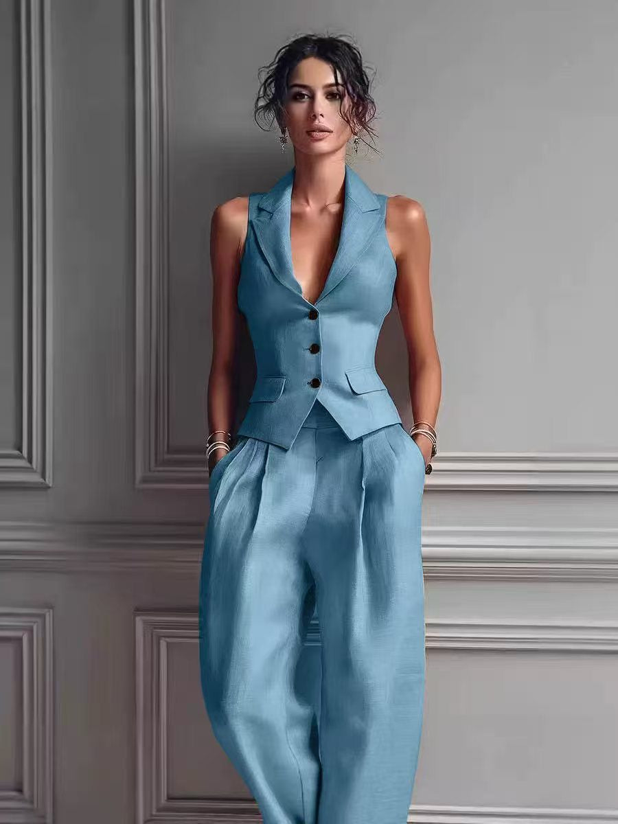 Summer Sleeveless Suit Casual Single-breasted Vest And Casual Pants Set NorixaFashion.com