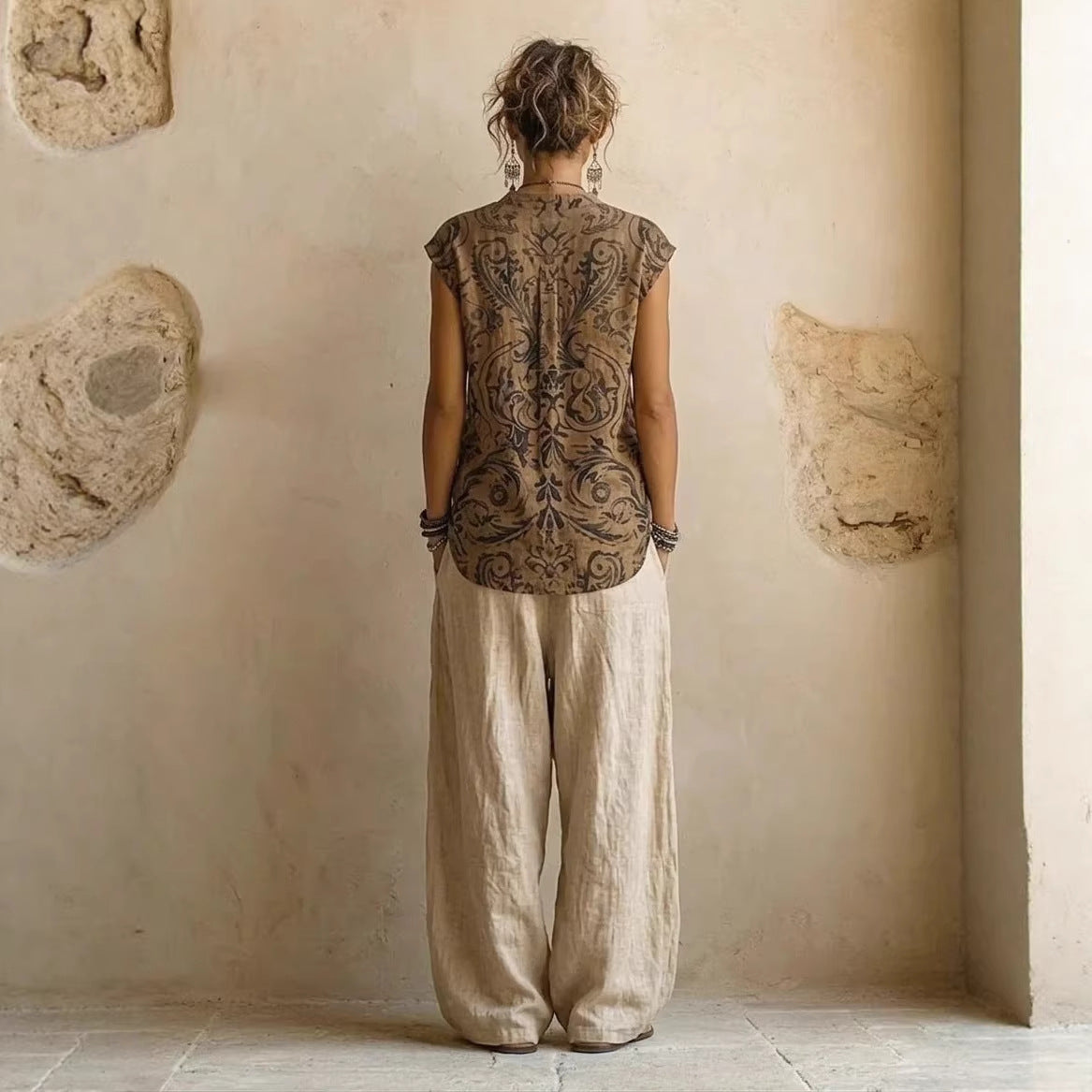Womens Simple Loose-Fit Printed Shirt And Wide-Leg Pants 3-Piece Set NorixaFashion.com