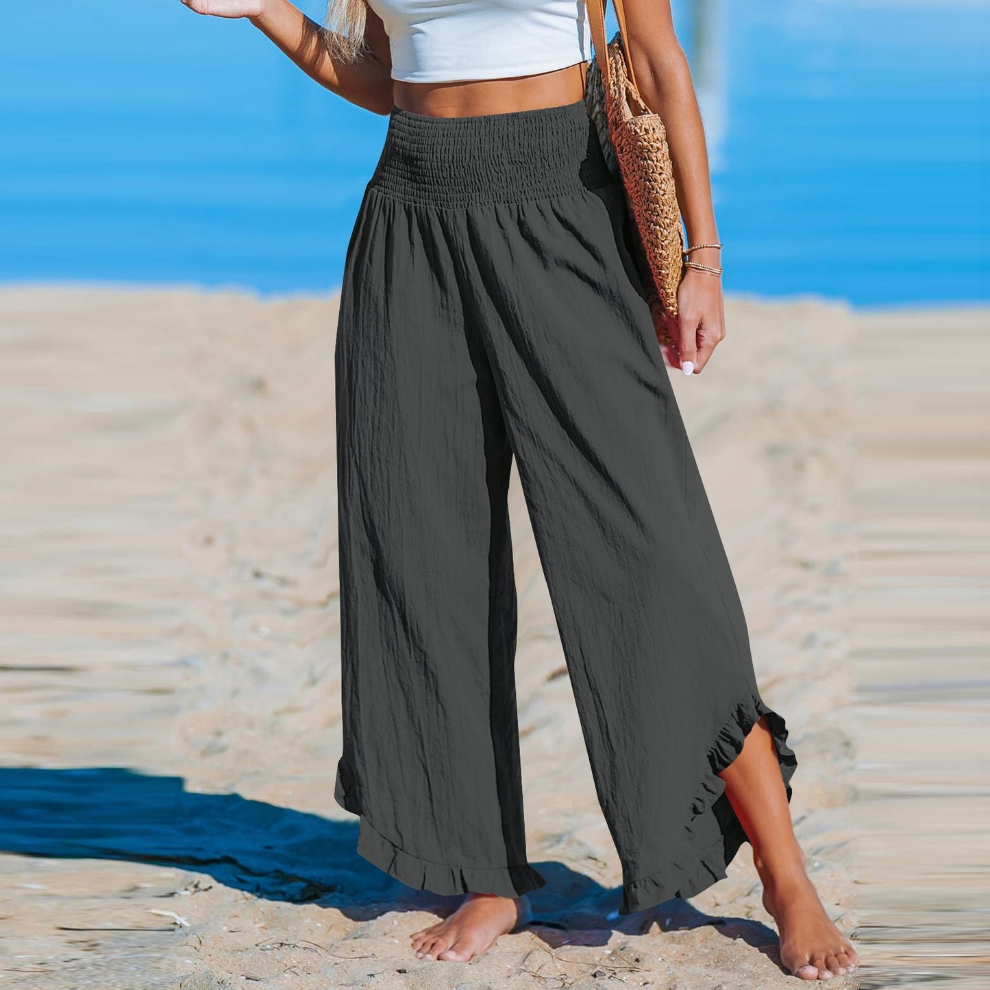 Pleated Asymmetrical Hem Cotton-linen Loose-fit Casual Pants NorixaFashion.com