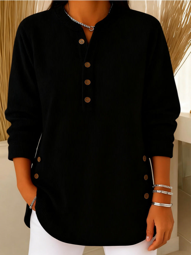 V-neck Buttons Sweater Fashion Casual Solid Color Long-sleeved Tops Women's Blouse T-shirt Clothing NorixaFashion.com