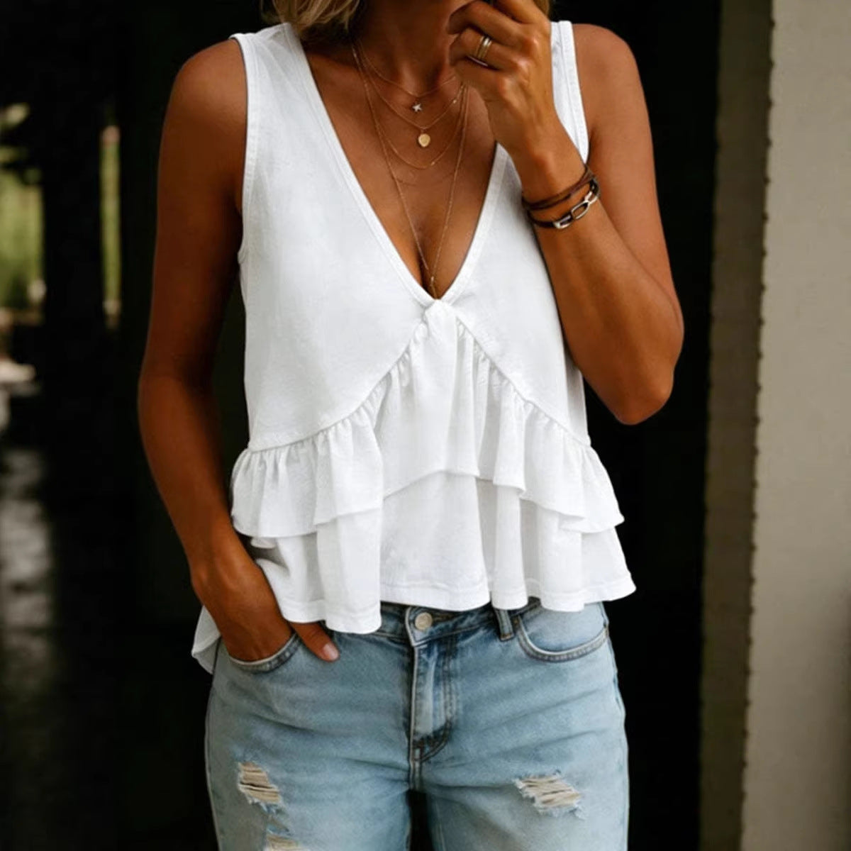 SpringSummer Womens Solid-Colored V-Neck Ruffled Sleeveless Top Vest LadyShow.Store