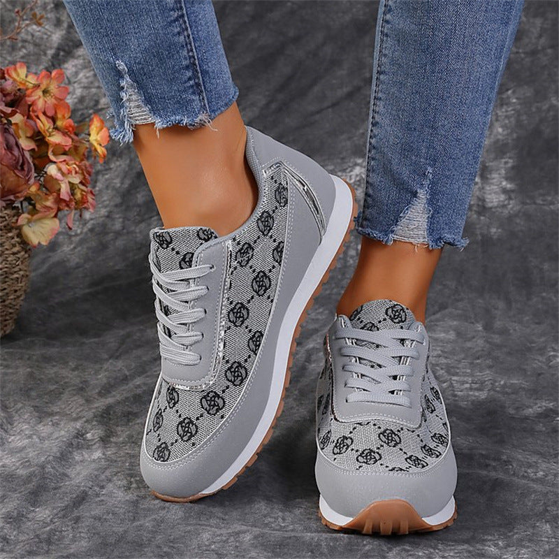 Flower Print Lace-up Sneakers Casual Fashion Lightweight Breathable Walking Running Sports Shoes Women Flats CJD