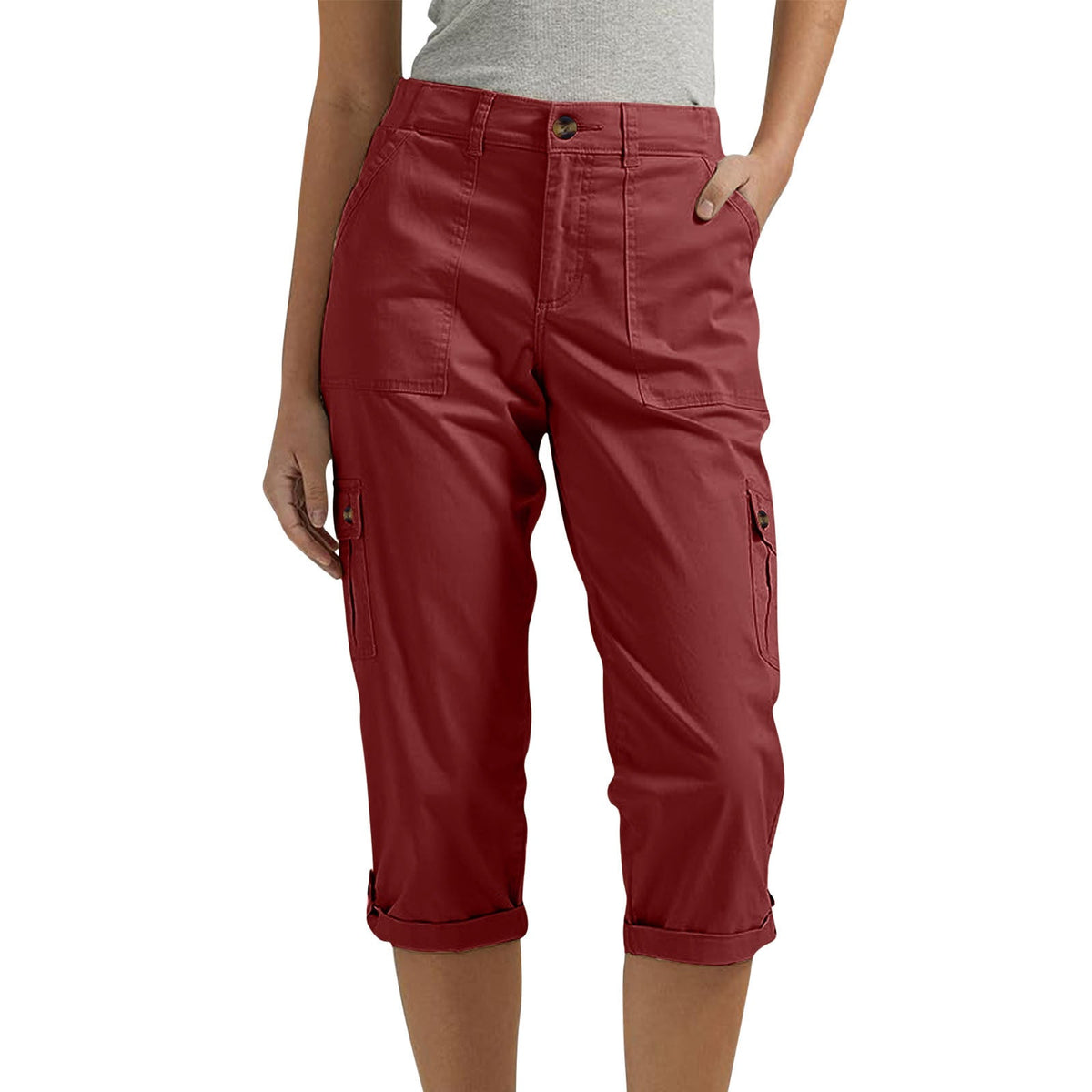 Solid Color Casual Cropped Pants - Women's High Waist Multiple Pockets Capri Trousers for Daily Wear NorixaFashion.com
