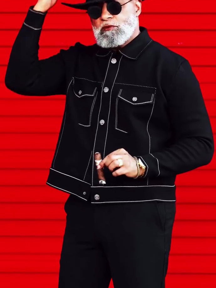 Black Denim Jacket With White Topstitching Detail Best YouTube Store