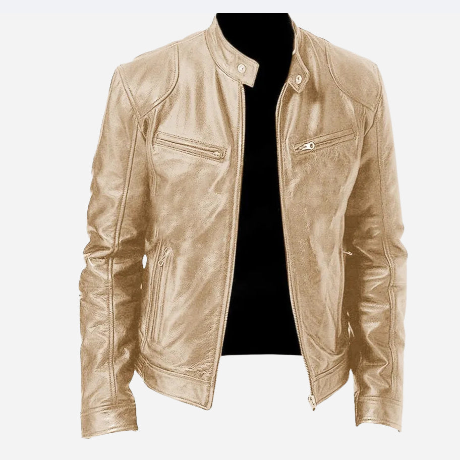 Men's Zip-up Cardigan PU Leather Jacket Fashion Pockets Stand Collar Short Tops Clothing Best YouTube Store