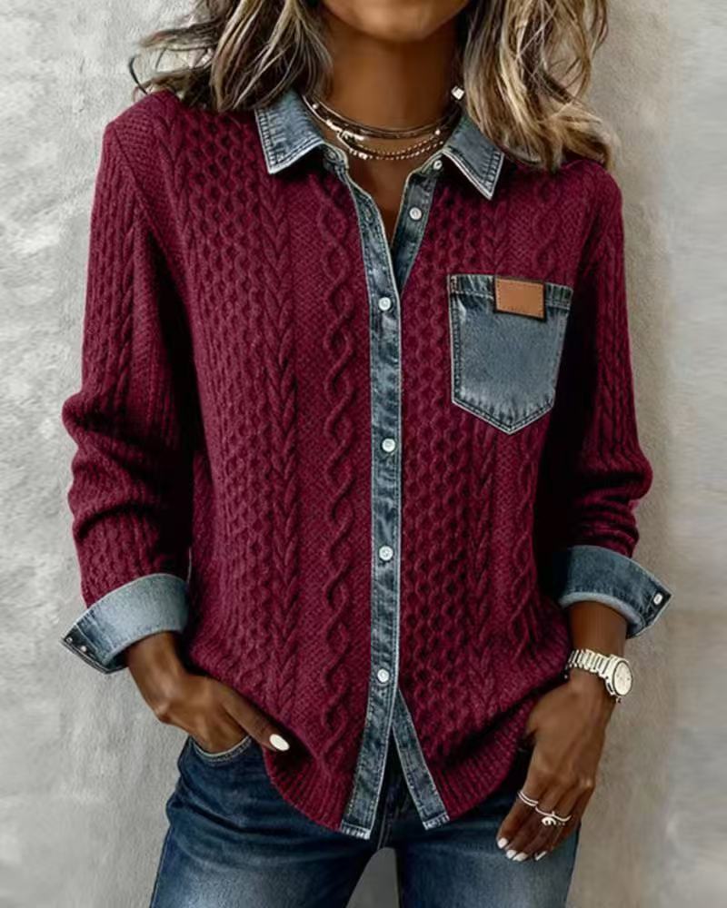 Stylish, Versatile Knitted Patchwork Denim Shirt For Women NorixaFashion.com