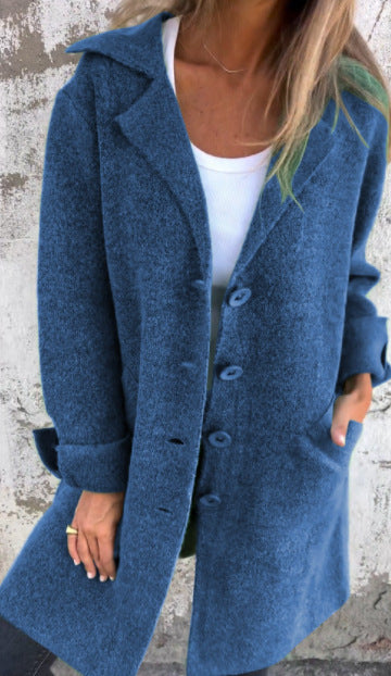 Lapel Single Breasted Cardigan With Pockets Fashion Color Solid Mid-Length Outwear Coat Womens Clothing LadyShow.Store