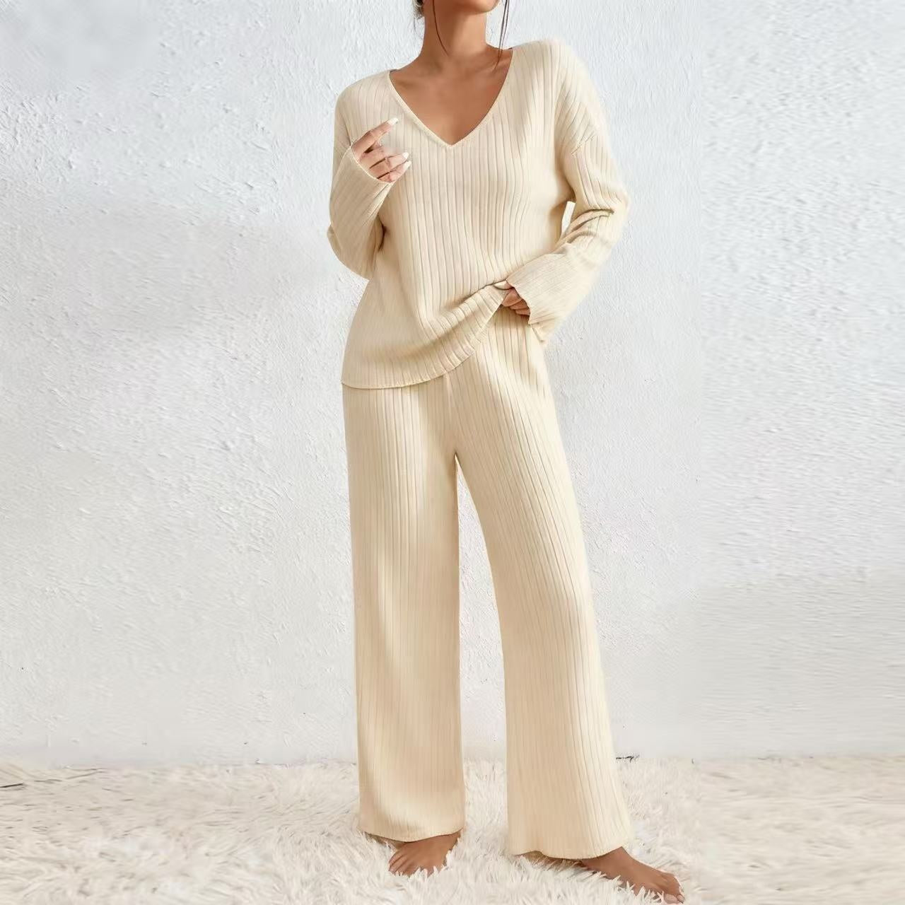 Long Sleeve V-neck Knitted Sunken Stripe Brushed Loose Leisure Suit LadyShow.Store