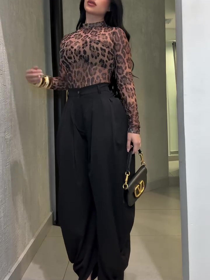 Leopard Print High Neck Diamond Long Sleeve Top NorixaFashion.com