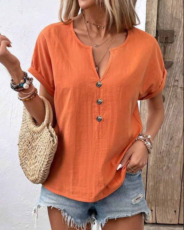Women's Buttoned V-neck Short-sleeve T-shirt Top LadyShow.Store