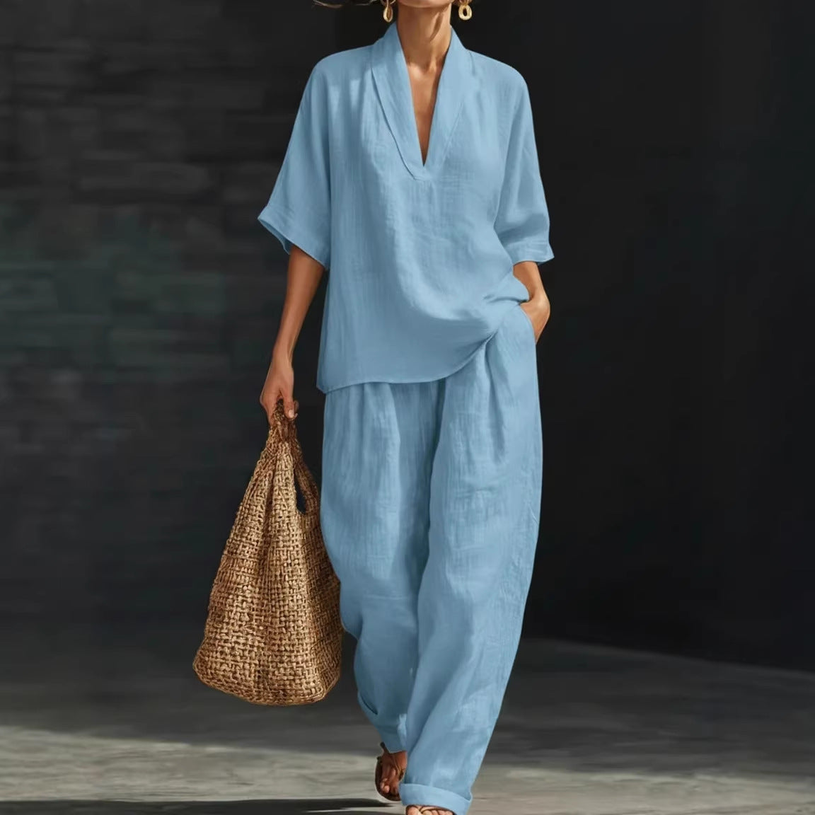 Women's Casual Simple Linen Two-Piece Set NorixaFashion.com