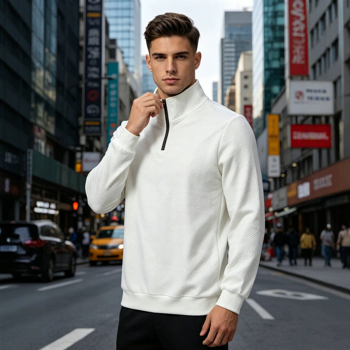 Men's Half-Zip Stand-Up Collar Knit Pullover With Jacquard Texture, 2026 Autumn-Winter Leisure Long-Sleeve Hooded Jacket NorixaFashion.com