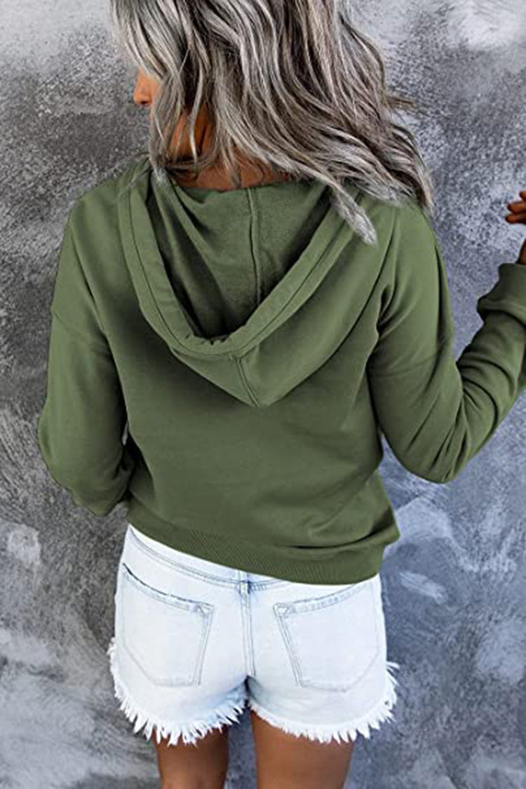Long-sleeved Hooded Sweatshirt With Pockets Fashion Casual Button Drawstring Design Hoodie Top Spring And Autumn Sports Clothing For Women LadyShow.Store