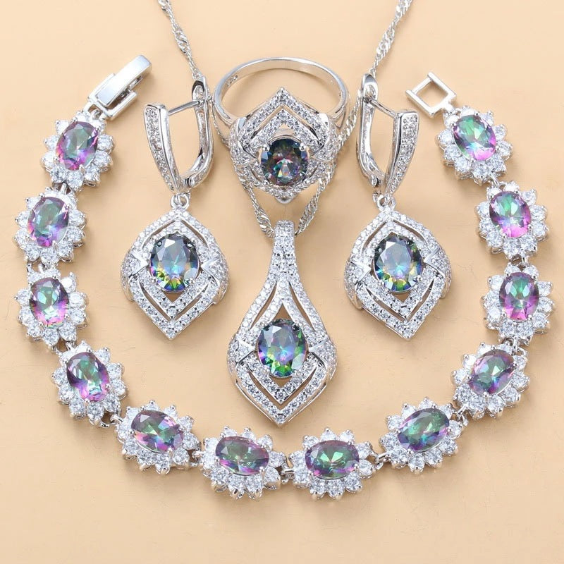 Inlaid Gemstone Pendant Earrings Necklace And Ring For Women 4 PCs Set LadyShow.Store
