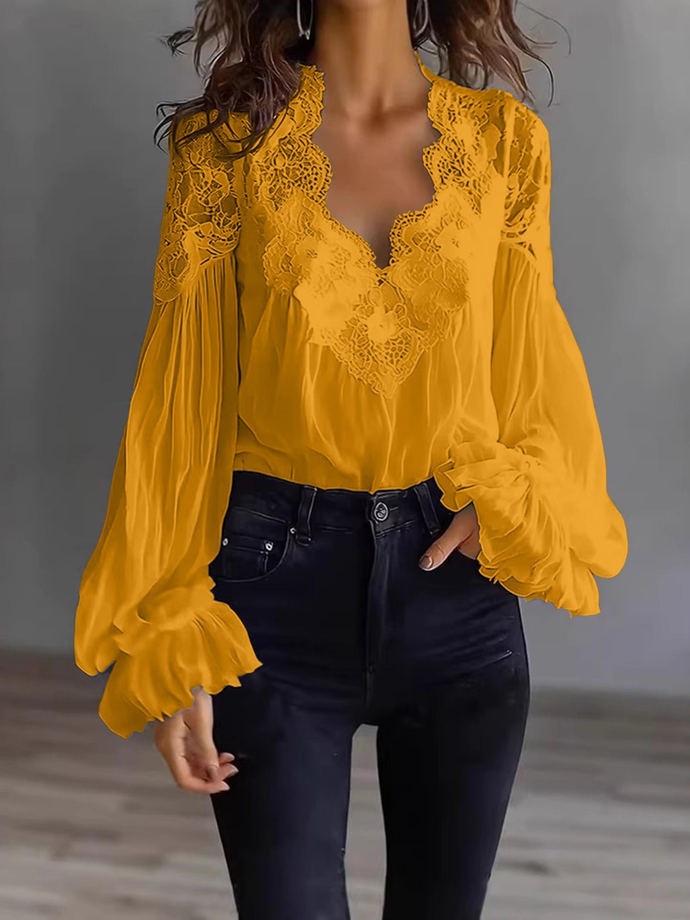 Lace-panelled Ruffled Puff-sleeve Pleated Shirt NorixaFashion.com