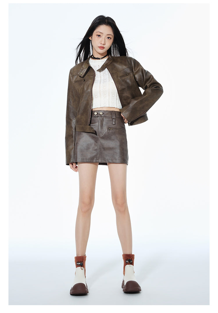 Short Leather Jacket Slim Brown Jacket Motorcycle Jacket LadyShow.Store