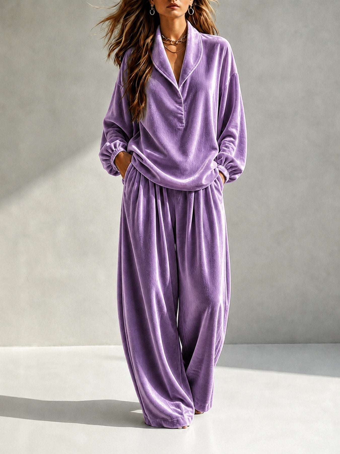 Trendy Collar Long-sleeved Top Loose-fitting Trousers Casual Suit NorixaFashion.com