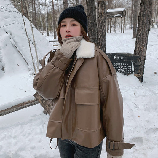 Light Brown Lapel Small Rabbit Fur Thick Loose Short Leather Jacket Best YouTube Store
