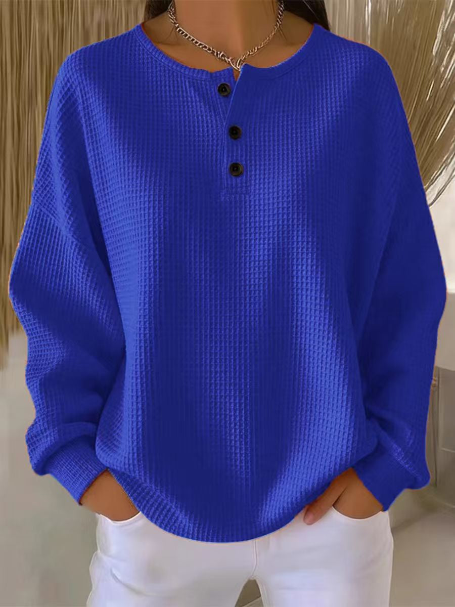 Ins Waffle Long-sleeved T-shirt Fashion Solid Color Buttons Round Neck Pullover Top Women's Clothing NorixaFashion.com