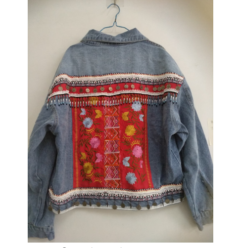 Fringed Beaded Denim Jacket Pi-Mart