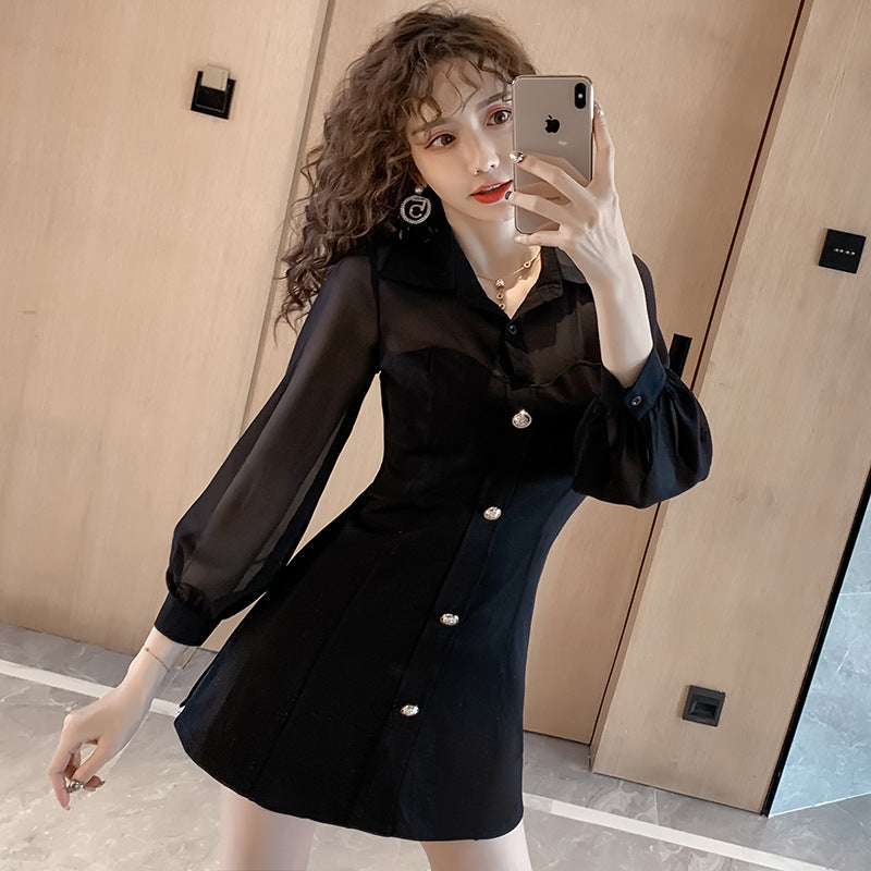 Women Chiffon Lantern Sleeve Splicing Shirt Dress NorixaFashion.com
