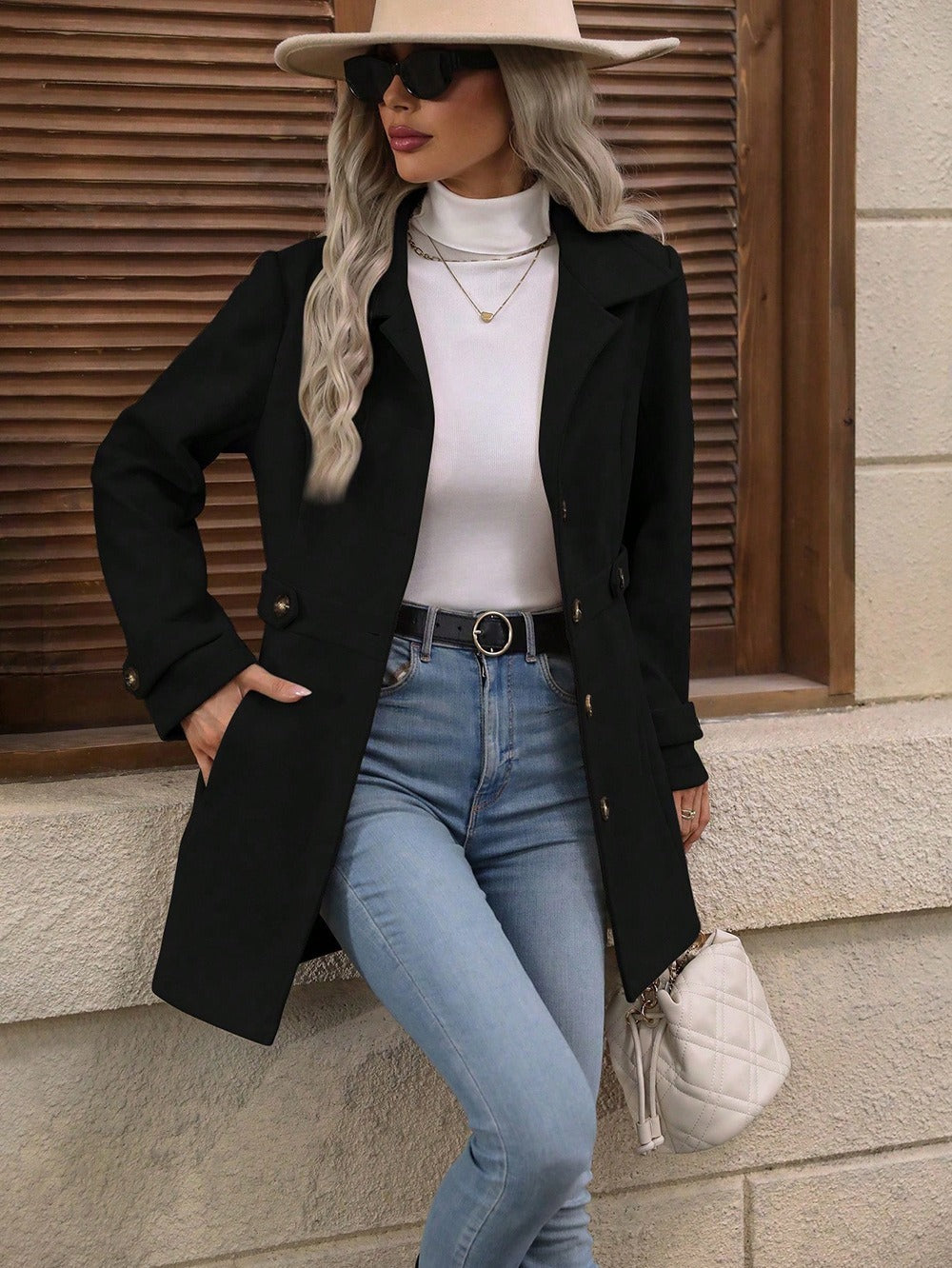 Elegant Single-breasted Woolen Coat Buttons Lapel Mid-length Jacket Temperament Commuter Outwear Clothing For Women Best YouTube Store