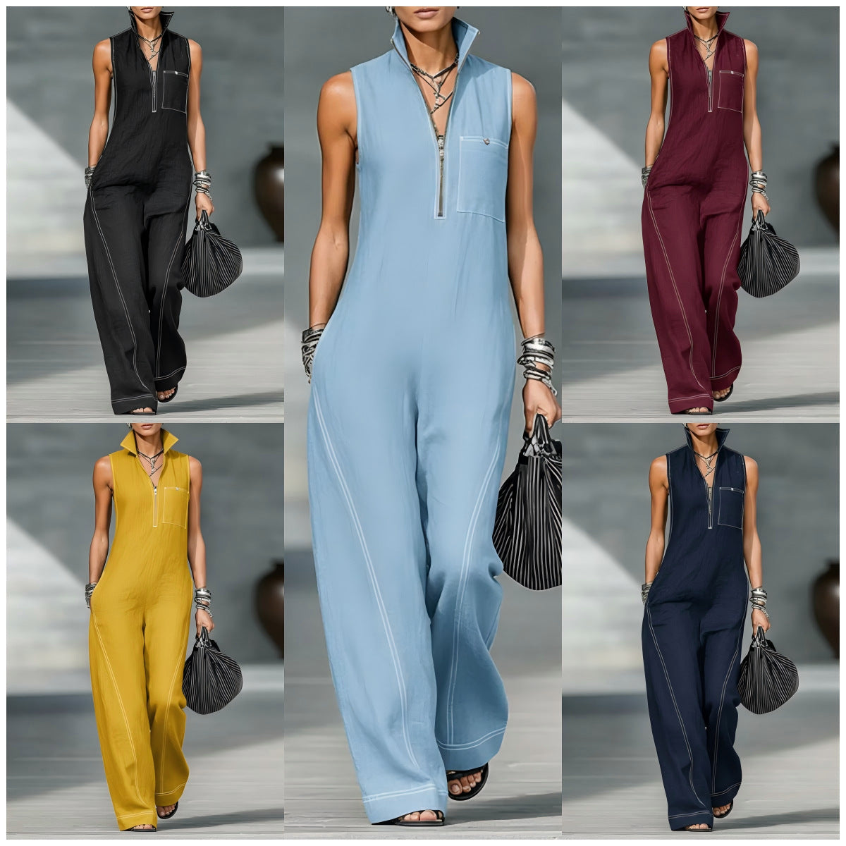 Stand-up Collar Jumpsuit With Pockets Summer Fashion Casual Sleeveless Jumpsuit Trousers Women's Clothing LadyShow.Store
