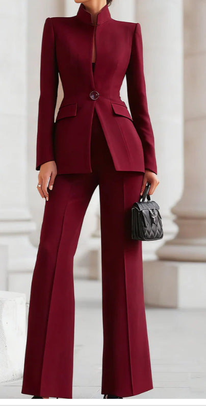2026 European And American Women's Fashion Independent Long-Sleeve Solid Color Pocket Single-Button Blazer And  Long Suit Pants Two-Piece Set NorixaFashion.com