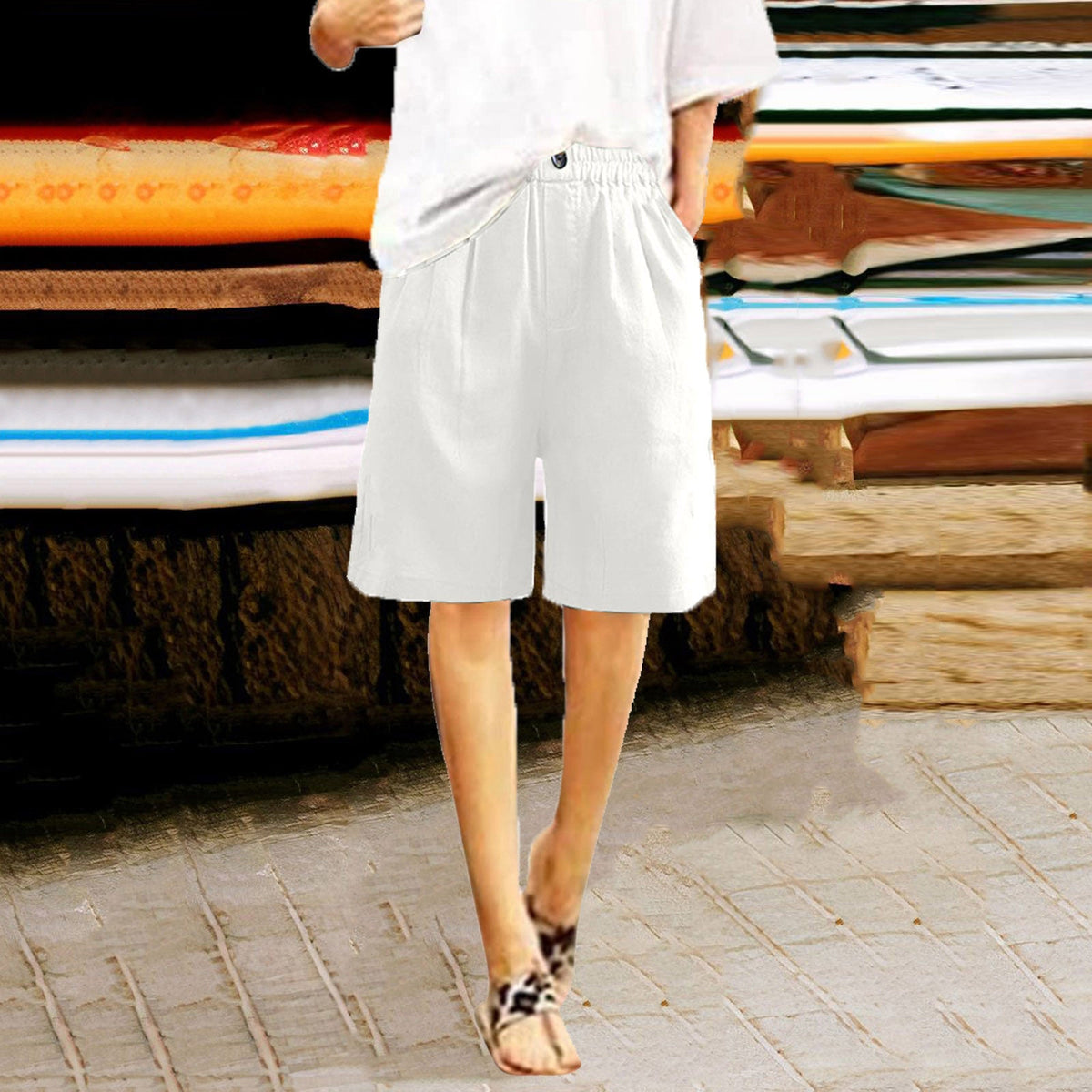 Women's Cotton And Linen Cropped Loose High Waist Shorts NorixaFashion.com