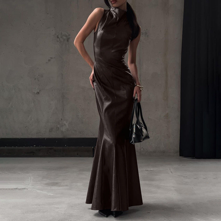 Stylish High-waisted Maxi Dress With Stand-up Collar NorixaFashion.com