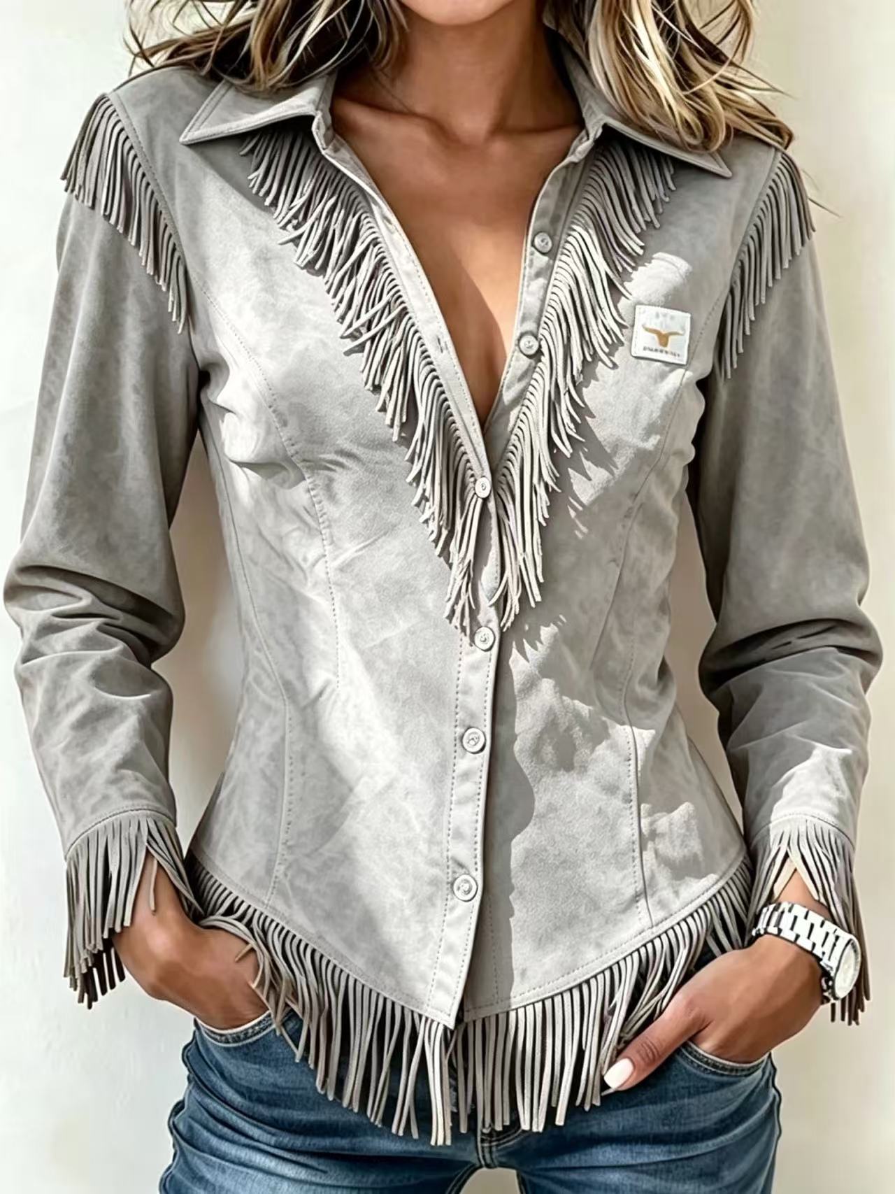 Western Cowboy-Style Suede Fringe Slim-Fit Long-Sleeve Shirt NorixaFashion.com