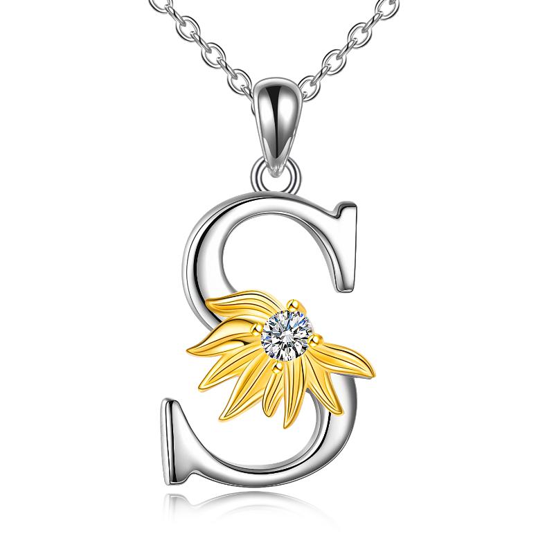 Sterling Silver Initial Alphabet Sunflower A Letter Script Name Pendant Necklace LadyShow.Store